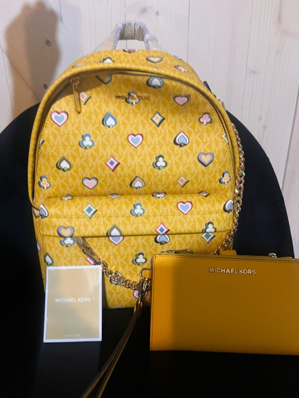 Michael Kors Yellow Patterned Backpack with Matching Wristlet